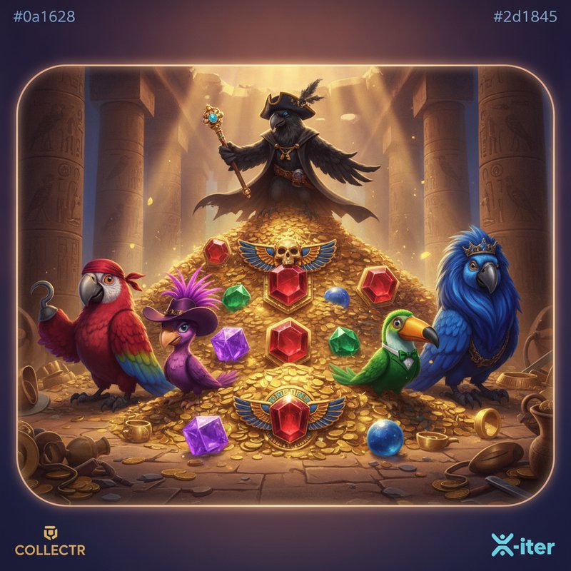 Pirots 5 slot machine: quattro pirati uccelli collezionisti (con bandana rossa, cappello cowboy, papillon, e criniera viola) davanti al tempio egizio con gemme esagonali rosse, cubiche viola, diamanti verdi e sfere blu, Captain Blackfeather con tesoro dorato
